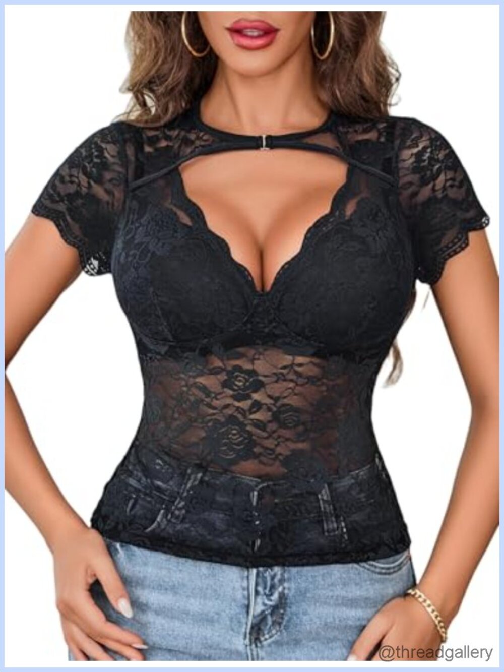 Women's Lace Mesh Floral Sheer See Through Short Sleeve Top